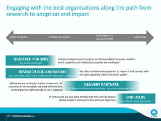 CSIRO | Craig Roy | Page 128
Engaging with the best organisations along the path from
research to adoption and impact
RESEARCH FUNDERS
E.g. Government, ARC
RESEARCH COLLABORATORS
E.g. Universities, CRCs, major multinational corporations, companies
DELIVERY PARTNERS
E.g. Major multinational corporations, Australian companies, SMEs
END USERS
E.g. Industry, Govt, Consumers
BASIC RESEARCH APPLIED RESEARCH
EXPERIMENTAL
DEVELOPMENT
ADOPTION
Publicly funded research projects are the foundation business model in
which capability and intellectual property are developed
We take a collaborative approach to research and connect with
the right capability in the innovation system
Where we are not best placed to implement the
outcomes of our research, we work with the best
existing players in the market to see it adopted
In some cases we also work directly with end users to ensure
lasting impact is achieved in line with our objectives
CSIRO's Business Model128
|
 
