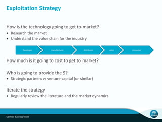 Exploitation Strategy
How is the technology going to get to market?
 Research the market
 Understand the value chain for the industry
How much is it going to cost to get to market?
Who is going to provide the $?
 Strategic partners vs venture capital (or similar)
Iterate the strategy
 Regularly review the literature and the market dynamics
Developer manufacturer distributor sales consumer
CSIRO's Business Model
 