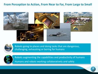 From Perception to Action, From Near to Far, From Large to Small
Robots going to places and doing tasks that are dangerous,
challenging, exhausting or boring for humans
Robots augmenting the capabilities and productivity of humans
Humans and robots working collaboratively and safely
 