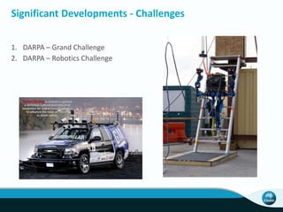 Significant Developments - Challenges
1. DARPA – Grand Challenge
2. DARPA – Robotics Challenge
 