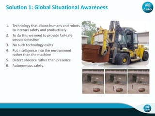 Solution 1: Global Situational Awareness
1. Technology that allows humans and robots
to interact safety and productively
2. To do this we need to provide fail-safe
people detection
3. No such technology exists
4. Put intelligence into the environment
rather than the machine
5. Detect absence rather than presence
6. Autonomous safety.
 