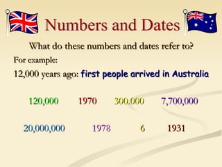 What do these numbers and dates refer to? For example:   12,000 years ago:   first people arrived in Australia   120,000  1970   300.000  7,700,000  20,000,000  1978  6   1931 Numbers and Dates 