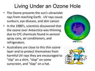 Living Under an Ozone Hole
• The Ozone prevents the sun’s ultraviolet
  rays from reaching Earth. UV rays cause
  sunburn,...