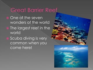  One of the seven
  wonders of the world
 The largest reef in the
  world
 Scuba diving is very
  common when you
  come here!
 
