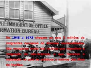 De 1945 a 1973 chegam ao país 3 milhões de
imigrantes europeus de diversas nacionalidades.
São revogadas então leis racistas que impediam a
imigração de não-brancos, o que favorece a
instalação no país de asiáticos e nativos das ilhas
do Pacífico.
 
