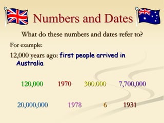 What do these numbers and dates refer to?
For example:
12,000 years ago: first people arrived in
Australia
120,000 1970 300.000 7,700,000
20,000,000 1978 6 1931
 