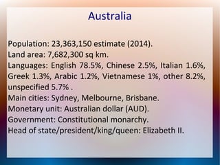Australia
Population: 23,363,150 estimate (2014).
Land area: 7,682,300 sq km.
Languages: English 78.5%, Chinese 2.5%, Italian 1.6%,
Greek 1.3%, Arabic 1.2%, Vietnamese 1%, other 8.2%,
unspecified 5.7% .
Main cities: Sydney, Melbourne, Brisbane.
Monetary unit: Australian dollar (AUD).
Government: Constitutional monarchy.
Head of state/president/king/queen: Elizabeth II.

 