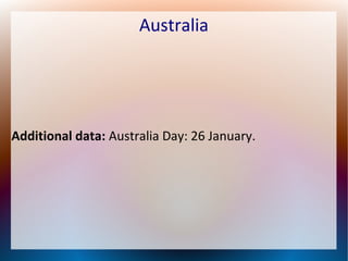 Australia

Additional data: Australia Day: 26 January.

 