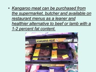 • Kangaroo meat can be purchased from
the supermarket, butcher and available on
restaurant menus as a leaner and
healthier alternative to beef or lamb with a
1-2 percent fat content.
 