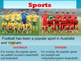 SportsSports
Football has been a popular sport in Australia
and Vietnam.
AUSTRALIA VIETNAM
For women, the popular sports
are netball (women's basketball)
and basketball.
For women, the popular sports
are football and
volleyball(women's basketball)
 