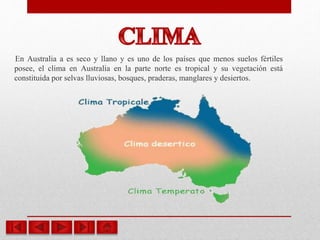 En Australia a es seco y llano y es uno de los países que menos suelos fértiles
posee, el clima en Australia en la parte norte es tropical y su vegetación está
constituida por selvas lluviosas, bosques, praderas, manglares y desiertos.
 