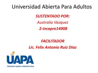 Universidad Abierta Para Adultos
SUSTENTADO POR:
Australia Vazquez
2-incapre14908
FACILITADOR
Lic. Felix Antonio Ruiz Diaz
 