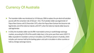 Currency Of Australia
 TheAustraliandollarwasintroducedon14February1966toreplacethepre-decimalAustralian
pound,withtheconversionrateofA$2per=A£1.TheAustraliandollarwaslegaltenderof
PapuaNewGuineauntil31December1975,whenthePapuaNewGuineankinabecamesole
legaltender,andoftheSolomonIslandsuntil1977,whentheSolomonIslandsdollarbecame
solelegaltender.
 In2016,theAustraliandollarwasthefifthmosttradedcurrencyinworldforeignexchange
markets,accountingfor6.9%oftheworld'sdailyshare.InthesameyeartherewereUS$57.71
billionequivalentinAustraliancurrencyincirculation,$2,379.05perpersoninAustralia,which
includescashreservesheldbythebankingsystemandcashincirculationinothercountriesor
heldasaforeignexchangereserve.
 