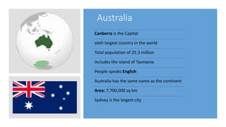 Australia
Canberra is the Capital
sixth largest country in the world
Total population of 25.3 million
includes the island ...