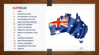 AUSTRALIA
I. ABOUT
II. EDUCATION SYSTEM
III. TOP UNIVERSITY & COLLEGE
IV. TOP PROGRAM FOR UG/PG
V. ABOUT PATHWAYS PROGRAM
VI. ABOUT VET PROGRAM
VII. STUDY VISA PROCESS
VIII. BENEFITS IN MAJOR CITIES
IX. BENEFITS IN REGIONAL CITIES
X. GTE
XI. ACADEMIC DOCUMENTS
XII. EMPLOYER DOCUMENTS
XIII. FINACIAL DOCUMENTS
XIV. REQUIREMENTS FOR STUDY
XV. BENEFITS
 