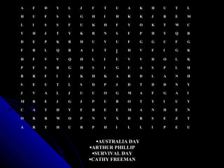 AA FF DD YY LL JJ FF TT UU AA KK HH UU TT LL
HH UU FF SS SS GG HH II HH KK KK JJ RR EE MM
LL II SS SS FF UU KK HH FF YY OO KK TT WW CC
YY HH JJ TT YY KK RR NN SS FF PP HH YY QQ RR
DD EE PP KK RR HH UU VV UU FF GG GG UU FF GG
FF RR LL QQ RR AA II TT
II HH VV FF II GG KK
HH FF VV VV QQ HH LL II UU VV VV DD OO LL KK
PP FF SS BB GG HH SS II GG UU AA SS PP LL HH
BB RR FF II JJ KK HH KK AA RR DD LL AA NN HH
SS EE UU TT LL SS DD PP JJ DD TT DD DD NN YY
JJ VV AA LL JJ UU UU OO GG MM AA FF GG AA II
MM RR EE JJ GG JJ PP UU BB OO TT YY II UU YY
CC AA TT HH YY FF RR EE EE MM AA NN HH EE NN
OO RR RR WW OO PP NN VV XX DD RR SS EE ZZ TT
AA RR TT HH UU RR PP HH II LL LL II PP EE UU
•AUSTRALIA DAY
•ARTHUR PHILLIP
•SURVIVAL DAY
•CATHY FREEMAN
 