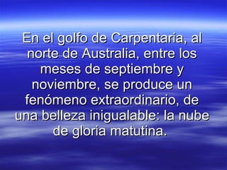 En el golfo de Carpentaria, al norte de Australia, entre los meses de septiembre y noviembre, se produce un fenómeno extraordinario, de una belleza inigualable: la nube de gloria matutina.  