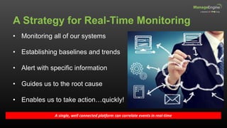 A Strategy for Real-Time Monitoring
A single, well connected platform can correlate events in real-time
• Monitoring all of our systems
• Establishing baselines and trends
• Alert with specific information
• Guides us to the root cause
• Enables us to take action…quickly!
 