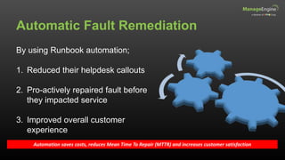 Automatic Fault Remediation
By using Runbook automation;
1. Reduced their helpdesk callouts
2. Pro-actively repaired fault before
they impacted service
3. Improved overall customer
experience
Automation saves costs, reduces Mean Time To Repair (MTTR) and increases customer satisfaction
 