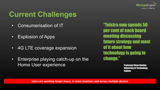 Current Challenges
Users are working longer hours, in more locations and across multiple devices
• Consumerisation of IT
• Explosion of Apps
• 4G LTE coverage expansion
• Enterprise playing catch-up on the
Home User experience
“Telstra now spends 50
per cent of each board
meeting discussing
future strategy and most
of it about how
technology is going to
change.”
ProfessorSteve Burdon
University of Technology,
Sydney
 