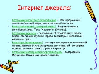 Інтернет джерела: 
• http://www.ukrreferat.com/index.php - Нові інформаційні 
технології як засіб формування мотивації навчання. 
• http://shkola.ostriv.in.ua/publication/ - Розробка уроку з 
англійської мови. Тема "Австралія" (10 клас). 
• http://www.wgeo.ru/ - справочник. О странах мира: флаги, 
гербы, столица и крупные города, территория, население, 
домены и проч. 
• http://geo.1september.ru/ - электронная версия еженедельной 
газеты. Методические материалы для учителей географии, 
познавательные статьи о странах мира и пр. 
• http://www.catalog.alledu.ru/predmet/geo/ - география в 
Интернете. Обширный каталог ссылок. 
68 
