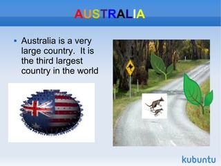 AUSTRALIA


Australia is a very
large country. It is
the third largest
country in the world

 