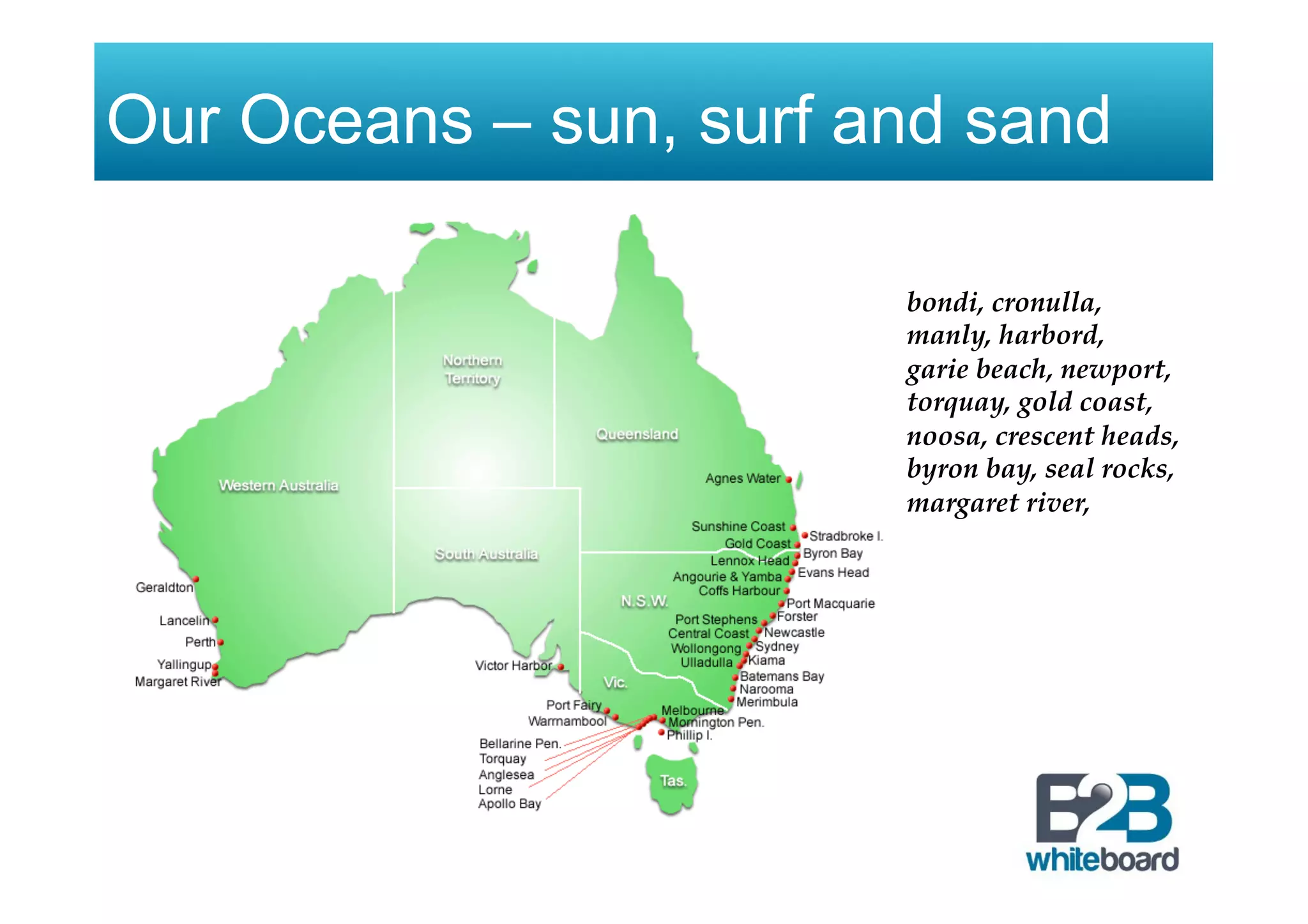 Our Oceans – sun, surf and sand
bondi, cronulla,
manly, harbord,
garie beach, newport,
torquay, gold coast,
noosa, crescent heads,
byron bay, seal rocks,
margaret river,
 