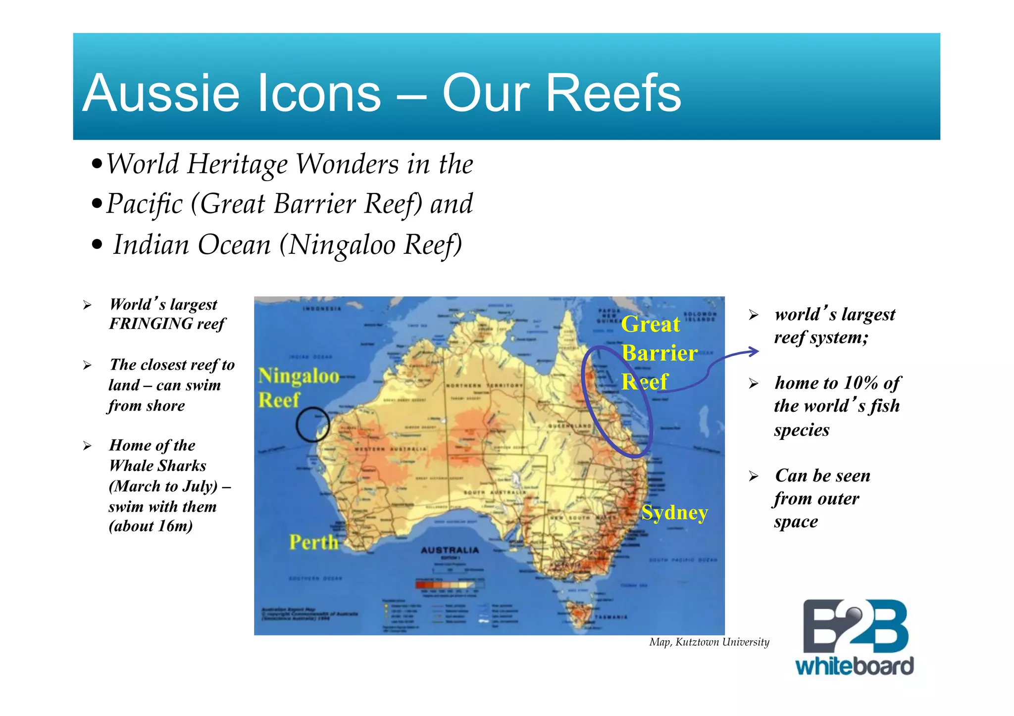 Aussie Icons – Our Reefs
• World Heritage Wonders in the !
• Paciﬁc (Great Barrier Reef) and!
• Indian Ocean (Ningaloo Reef)
Great
Barrier
Reef
Sydney
Map, Kutztown University
Ø  world’s largest
reef system;
Ø  home to 10% of
the world’s fish
species
Ø  Can be seen
from outer
space
Ø  World’s largest
FRINGING reef
Ø  The closest reef to
land – can swim
from shore
Ø  Home of the
Whale Sharks
(March to July) –
swim with them
(about 16m)
 