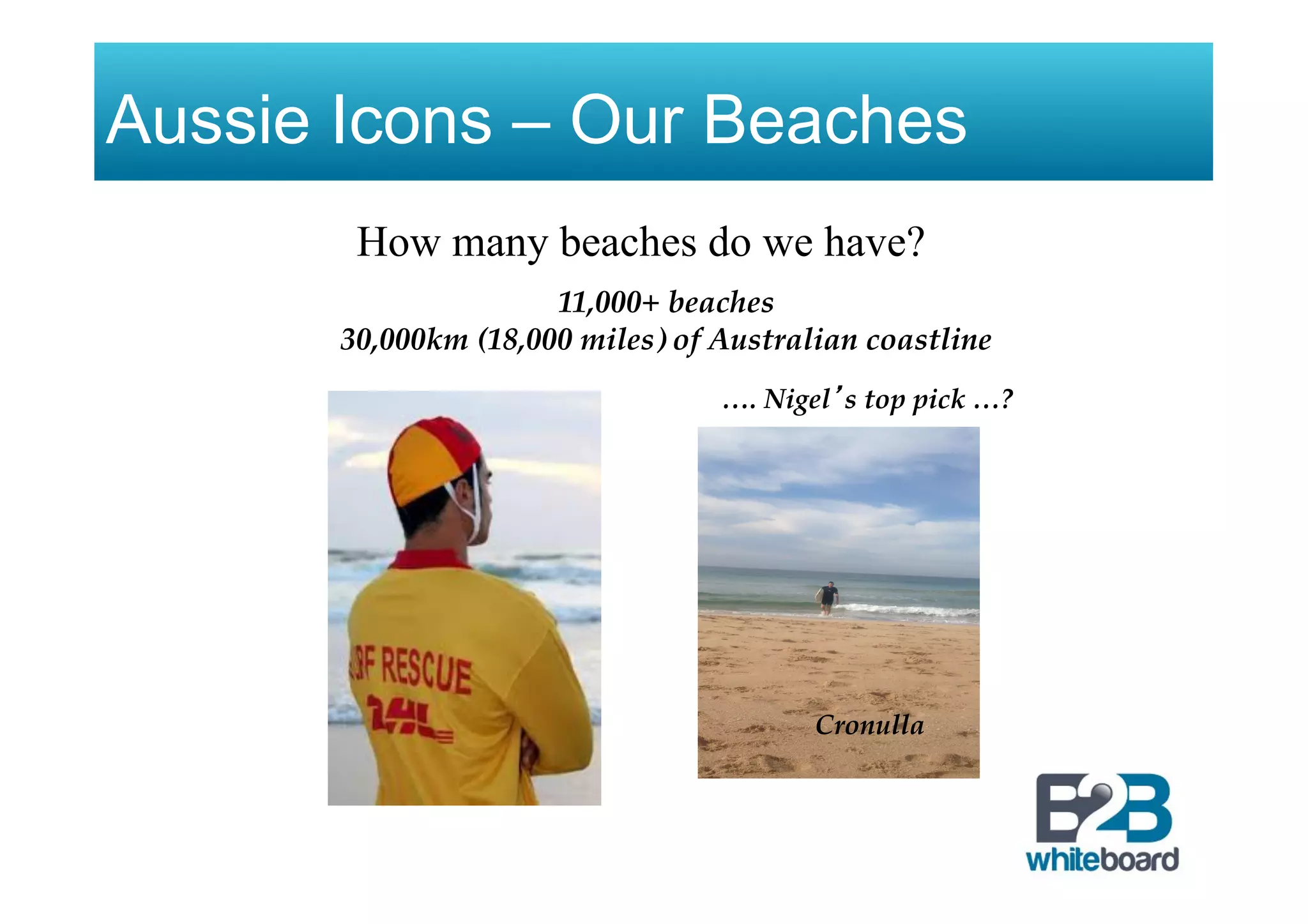 Aussie Icons – Our Beaches
11,000+ beaches
30,000km (18,000 miles) of Australian coastline
How many beaches do we have?
…. Nigel’s top pick …?
Cronulla
 