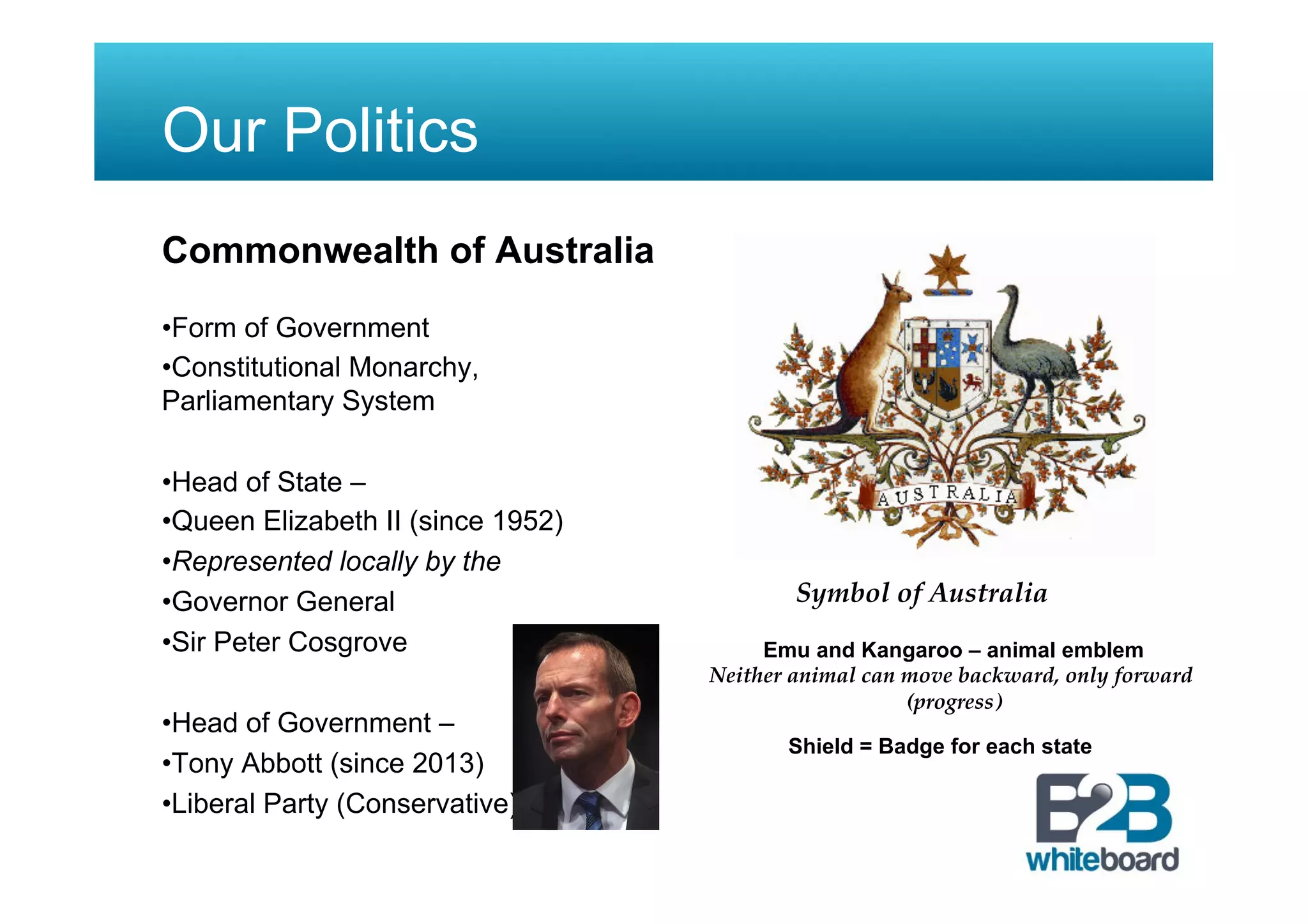 Our Politics
Commonwealth of Australia
• Form of Government
• Constitutional Monarchy,
Parliamentary System
• Head of State –
• Queen Elizabeth II (since 1952)
• Represented locally by the
• Governor General
• Sir Peter Cosgrove
• Head of Government –
• Tony Abbott (since 2013)
• Liberal Party (Conservative)
Symbol of Australia
Emu and Kangaroo – animal emblem
Neither animal can move backward, only forward
(progress)
Shield = Badge for each state
 