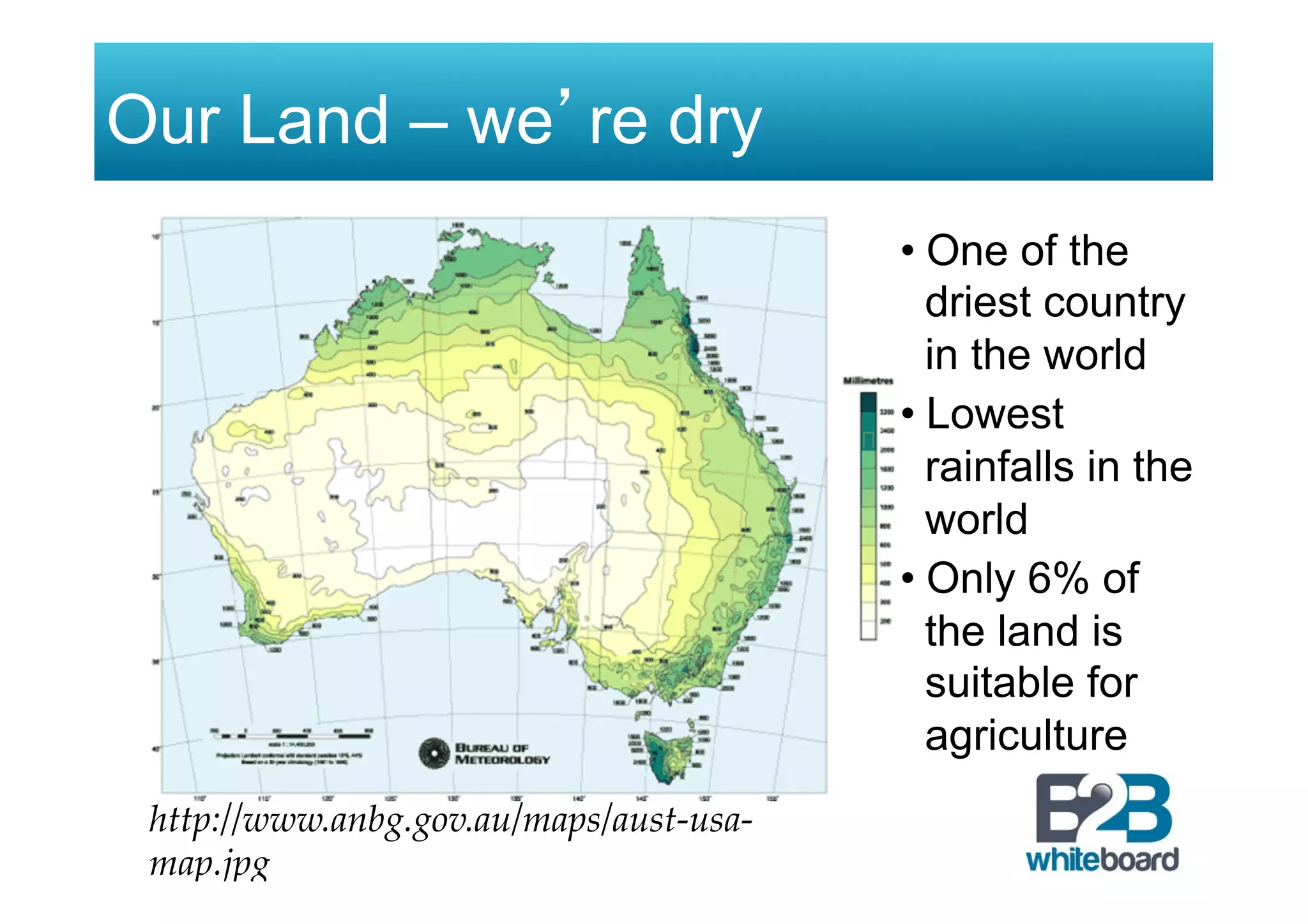 Our Land – we’re dry
• One of the
driest country
in the world
• Lowest
rainfalls in the
world
• Only 6% of
the land is
suitable for
agriculture
http://www.anbg.gov.au/maps/aust-usa-
map.jpg
 