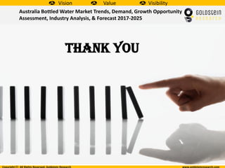 Published By: Goldstein Research
Copyright All Rights Reserved, Goldstein Research www.goldsteinresearch.com
Vision Value Visibility
Thank youThank you
Australia Bottled Water Market Trends, Demand, Growth Opportunity
Assessment, Industry Analysis, & Forecast 2017-2025
 