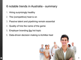6 notable trends in Australia - summary

1. Hiring surprisingly healthy

2. The (competitive) heat is on

3. Passive talent and pipelining remain essential

4. Quality of hire the name of the game

5. Employer branding the hot topic

6. Data-driven decision making is Achilles heel




                                                    3
 