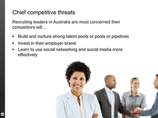 Chief competitive threats
Recruiting leaders in Australia are most concerned their
competitors will…

 Build and nurture strong talent pools or pools or pipelines
 Invest in their employer brand
 Learn to use social networking and social media more
  effectively
 