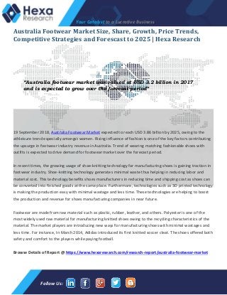 Your Catalyst to a Lucrative Business
Follow Us:
Australia Footwear Market Size, Share, Growth, Price Trends,
Competitive Strategies and Forescast to 2025 | Hexa Research
19 September 2018, Australia Footwear Market expected to reach USD 3.86 billion by 2025, owing to the
athleisure trend especially amongst women. Rising influence of fashion is one of the key factors contributing
the upsurge in footwear industry revenue in Australia. Trend of wearing matching fashionable shoes with
outfits is expected to drive demand for footwear market over the forecast period.
In recent times, the growing usage of shoe-knitting technology for manufacturing shoes is gaining traction in
footwear industry. Shoe-knitting technology generates minimal waste thus helping in reducing labor and
material cost. This technology benefits shoes manufacturers in reducing time and shipping cost as shoes can
be converted into finished goods at the same place. Furthermore, technologies such as 3D printed technology
is making the production easy with minimal wastage and less time. These technologies are helping to boost
the production and revenue for shoes manufacturing companies in near future.
Footwear are made from raw material such as plastic, rubber, leather, and others. Polyester is one of the
most widely used raw material for manufacturing knitted shoes owing to the recycling characteristics of the
material. The market players are introducing new ways for manufacturing shoes with minimal wastages and
less time. For instance, In March 2014, Adidas introduced its first knitted soccer cleat. The shoes offered both
safety and comfort to the players while paying football.
Browse Details of Report @ https://www.hexaresearch.com/research-report/australia-footwear-market
“Australia footwear market was valued at USD 3.2 billion in 2017
and is expected to grow over the forecast period”
 