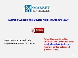 Australia Gynecological Devices Market Outlook to 2020 
Single User License : US$ 2500 
Corporate User License : US$ 7500 
Order this report by calling 
+1 888 391 5441 or Send an email 
to sales@marketoptimizer.org 
with your contact details and 
questions if any. 
1 
 