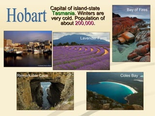 Capital of island-stateCapital of island-state
TasmaniaTasmania. Winters are. Winters are
very cold. Population ofvery cold. Population of
aboutabout 200,000200,000..
Bay of Fires
Coles BayRemarkable Cave
Lavender Farm
 