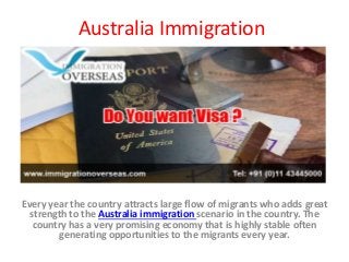 Australia Immigration
Every year the country attracts large flow of migrants who adds great
strength to the Australia immigration scenario in the country. The
country has a very promising economy that is highly stable often
generating opportunities to the migrants every year.
 