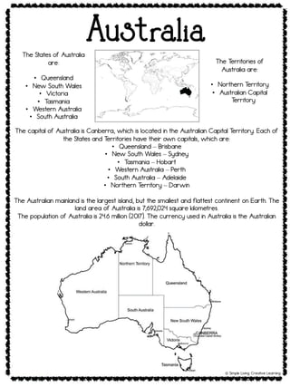 Australia
! Simple Living. Creative Learning
The States of Australia
are:
! Queensland
! New South Wales
! Victoria
! T
asmania
! Western Australia
! South Australia
! Simple Living. Creative Learning
The T
erritories of
Australia are:
! Northern T
erritory
! Australian Capital
T
erritory
The capital of Australia is Canberra, which is located in the Australian Capital T
erritory. Each of
the States and T
erritories have their own capitals, which are:
! Queensland – Brisbane
! New South Wales – Sydney
! T
asmania – Hobart
! Western Australia – Perth
! South Australia – Adelaide
! Northern T
erritory – Darwin
The Australian mainland is the largest island, but the smallest and flattest continent on Earth. The
land area of Australia is 7,692,024 square kilometres.
The population of Australia is 24.6 million (2017). The currency used in Australia is the Australian
dollar.
 