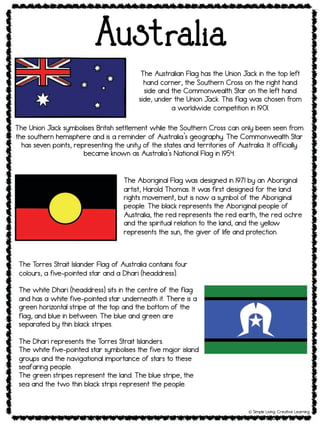Australia
! Simple Living. Creative Learning
The Aboriginal Flag was designed in 1971 by an Aboriginal
artist, Harold Thomas. It was first designed for the land
rights movement, but is now a symbol of the Aboriginal
people. The black represents the Aboriginal people of
Australia, the red represents the red earth, the red ochre
and the spiritual relation to the land, and the yellow
represents the sun, the giver of life and protection.
The Australian Flag has the Union J
ack in the top left
hand corner, the Southern Cross on the right hand
side and the Commonwealth Star on the left hand
side, under the Union J
ack. This flag was chosen from
a worldwide competition in 1901.
The Union J
ack symbolises British settlement while the Southern Cross can only been seen from
the southern hemisphere and is a reminder of Australia’s geography. The Commonwealth Star
has seven points, representing the unity of the states and territories of Australia. It officially
became known as Australia’s National Flag in 1954.
The T
orres Strait Islander Flag of Australia contains four
colours, a five-pointed star and a Dhari (headdress).
The white Dhari (headdress) sits in the centre of the flag
and has a white five-pointed star underneath it. There is a
green horizontal stripe at the top and the bottom of the
flag, and blue in between. The blue and green are
separated by thin black stripes.
The Dhari represents the T
orres Strait Islanders.
The white five-pointed star symbolises the five ma
jor island
groups and the navigational importance of stars to these
seafaring people.
The green stripes represent the land. The blue stripe, the
sea and the two thin black strips represent the people.
 