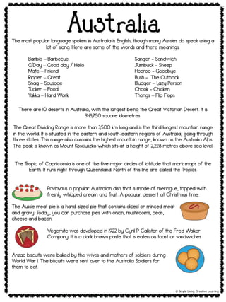 Australia
! Simple Living. Creative Learning
The most popular language spoken in Australia is English, though many Aussies do speak using a
lot of slang. Here are some of the words and there meanings.
Barbie – Barbecue Sanger - Sandwich
G’Day – Good day / Hello J
umbuck - Sheep
Mate – Friend Hooroo - Goodbye
Ripper – Great Bush - The Outback
Snag – Sausage Bludger – Lazy Person
T
ucker – Food Chook - Chicken
Yakka – Hard Work Thongs – Flip Flops
There are 10 deserts in Australia, with the largest being the Great Victorian Desert. It is
348,750 square kilometres.
The Great Dividing Range is more than 3,500 km long and is the third longest mountain range
in the world. It is situated in the eastern and south-eastern regions of Australia, going through
three states. This range also contains the highest mountain range, known as the Australia Alps.
The peak is known as Mount Kosciuszko which sits at a height of 2,228 metres above sea level.
The Tropic of Capricornia is one of the five ma
jor circles of latitude that mark maps of the
Earth. It runs right through Queensland. North of this line are called the Tropics.
Pavlova is a popular Australian dish that is made of meringue, topped with
freshly whipped cream and fruit. A popular dessert at Christmas time.
The Aussie meat pie is a hand-sized pie that contains diced or minced meat
and gravy. T
oday, you can purchase pies with onion, mushrooms, peas,
cheese and bacon.
Vegemite was developed in 1922 by Cyril P Callister of the Fred Walker
Company. It is a dark brown paste that is eaten on toast or sandwiches.
Anzac biscuits were baked by the wives and mothers of soldiers during
World War I. The biscuits were sent over to the Australia Soldiers for
them to eat.
 