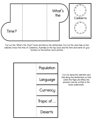 What’s
the
Time?
Canberra
Cut out the ‘What’s the Time?’ book and fold on the dotted lines. Cut out the clock flap on the
solid line. Draw the time of Canberra, Australia on the top clock and the time and name of your
location on the bottom clock and line.
Population
Currency
Tropic of…
Deserts
Language
Cut out along the solid lines and
fold along the dotted lines so that
when the flaps are lifted, the
answers can be written in the
book underneath.
 