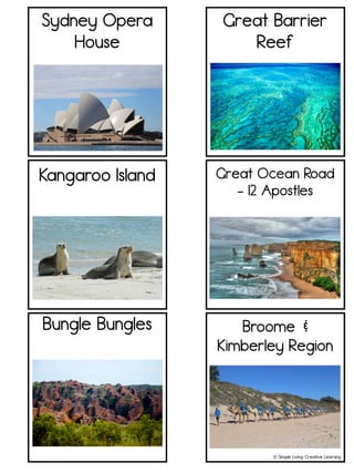 Great Ocean Road
- 12 Apostles
Great Barrier
Reef
Kangaroo Island
Sydney Opera
House
Bungle Bungles Broome &
Kimberley Region
© Simple Living. Creative Learning
 