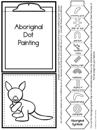 Aboriginal
Symbols
campsite
boomerang
digging or
clapping sticks
rainbow
heavy rain
kangaroo
tracks
person
star or sun
witchetty grub
boomerang
clapping sticks
digging or
kangaroo
!
Simple
Living.
Creative
Learning
Aboriginal
Dot
Painting
Cut
out
the
Aboriginal
symbols
flap
on
the
solid
black
lines.
Fold
on
the
dotted
lines
to
create
an
accordion
style
book.
Paste
the
back
of
the
last
page
into
your
lapbook.
Aboriginal
Dot
Painting
Clipboard
–
Cut
out
the
clipboard
and
fold
along
the
dotted
line.
Cut
out
the
kangaroo
on
the
solid
line.
Create
your
dot
painting,
using
the
kangaroo
outline
as
your
background.
Once
dry,
paste
into
your
lapbook.
 