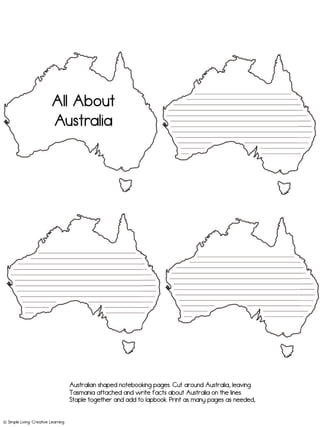 ! Simple Living. Creative Learning
Australian shaped notebooking pages. Cut around Australia, leaving
Tasmania attached and write facts about Australia on the lines.
Staple together and add to lapbook. Print as many pages as needed,
All About
Australia
 