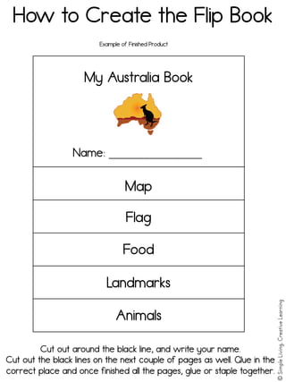 How to Create the Flip Book
Example of Finished Product
My Australia Book
Name: ________________
Cut out around the black line, and write your name.
Cut out the black lines on the next couple of pages as well. Glue in the
correct place and once finished all the pages, glue or staple together.
Landmarks
Food
Map
Flag
Animals
©
Simple
Living.
Creative
Learning
 