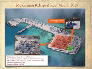 McKennan (Chigua) Reef May 5, 2015
Total reclaimed Area: Approx 6.8 Hectares
Primary Building Approx 4, 128 sqm floor area 6-storey high
Port Facility: 1 Jetty, 1 Pier (can to cater to a 130-meter ship)
Distance to Palawan: 187 NM
Distance to China: 784 NM
 