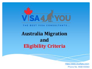 Australia Migration
and
Eligibility Criteria
https://www.visa4you.co.in
Phone No. 9503105563
 