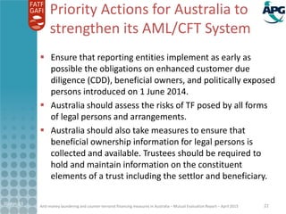 Anti-money laundering and counter-terrorist financing measures in Australia – Mutual Evaluation Report – April 2015
Priority Actions for Australia to
strengthen its AML/CFT System
 Ensure that reporting entities implement as early as
possible the obligations on enhanced customer due
diligence (CDD), beneficial owners, and politically exposed
persons introduced on 1 June 2014.
 Australia should assess the risks of TF posed by all forms
of legal persons and arrangements.
 Australia should also take measures to ensure that
beneficial ownership information for legal persons is
collected and available. Trustees should be required to
hold and maintain information on the constituent
elements of a trust including the settlor and beneficiary.
21-Apr-15 22
 