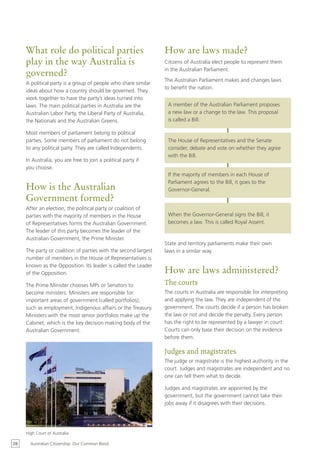 What role do political parties                              How are laws made?
     play in the way Australia is                                Citizens of Australia elect people to represent them
                                                                 in the Australian Parliament.
     governed?
                                                                 The Australian Parliament makes and changes laws
     A political party is a group of people who share similar
                                                                 to benefit the nation.
     ideas about how a country should be governed. They
     work together to have the party’s ideas turned into
     laws. The main political parties in Australia are the        A member of the Australian Parliament proposes
     Australian Labor Party, the Liberal Party of Australia,      a new law or a change to the law. This proposal
     the Nationals and the Australian Greens.                     is called a Bill.

     Most members of parliament belong to political
     parties. Some members of parliament do not belong            The House of Representatives and the Senate
     to any political party. They are called Independents.        consider, debate and vote on whether they agree
                                                                  with the Bill.
     In Australia, you are free to join a political party if
     you choose.
                                                                  If the majority of members in each House of
                                                                  Parliament agrees to the Bill, it goes to the
     How is the Australian                                        Governor-General.
     Government formed?
     After an election, the political party or coalition of
     parties with the majority of members in the House            When the Governor-General signs the Bill, it
     of Representatives forms the Australian Government.          becomes a law. This is called Royal Assent.
     The leader of this party becomes the leader of the
     Australian Government, the Prime Minister.
                                                                 State and territory parliaments make their own
     The party or coalition of parties with the second largest   laws in a similar way.
     number of members in the House of Representatives is
     known as the Opposition. Its leader is called the Leader
     of the Opposition.                                          How are laws administered?
     The Prime Minister chooses MPs or Senators to               The courts
     become ministers. Ministers are responsible for             The courts in Australia are responsible for interpreting
     important areas of government (called portfolios),          and applying the law. They are independent of the
     such as employment, Indigenous affairs or the Treasury.     government. The courts decide if a person has broken
     Ministers with the most senior portfolios make up the       the law or not and decide the penalty. Every person
     Cabinet, which is the key decision making body of the       has the right to be represented by a lawyer in court.
     Australian Government.                                      Courts can only base their decision on the evidence
                                                                 before them.

                                                                 Judges and magistrates
                                                                 The judge or magistrate is the highest authority in the
                                                                 court. Judges and magistrates are independent and no
                                                                 one can tell them what to decide.

                                                                 Judges and magistrates are appointed by the
                                                                 government, but the government cannot take their
                                                                 jobs away if it disagrees with their decisions.




     High Court of Australia

28     Australian Citizenship: Our Common Bond
 